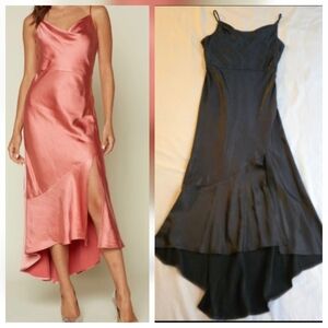 Skies Are Blue Black Satin Cowl Neck High Low Midi Dress Spaghetti Strap